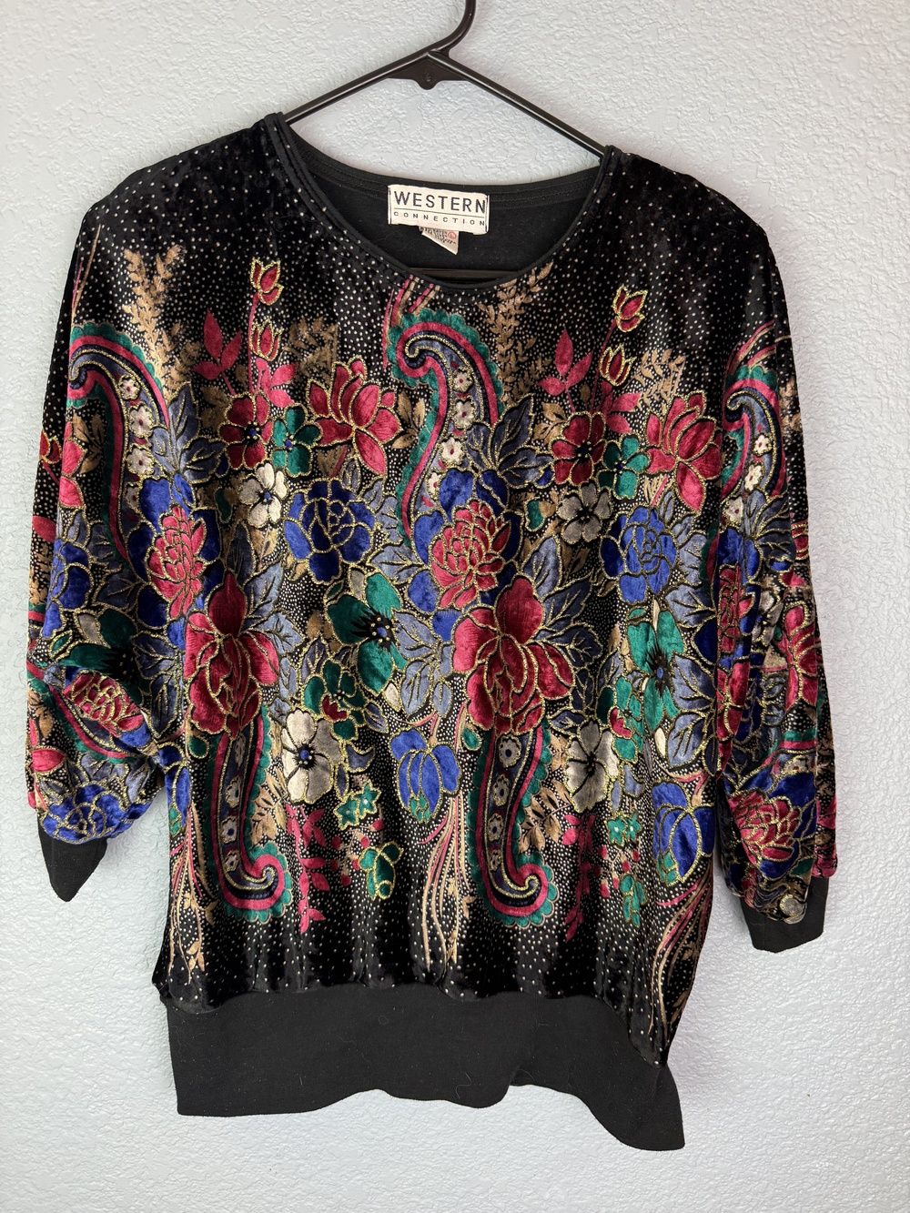 Vintage Western Connection Sweater Womens Large Floral Velvet Pullover 90s Korea